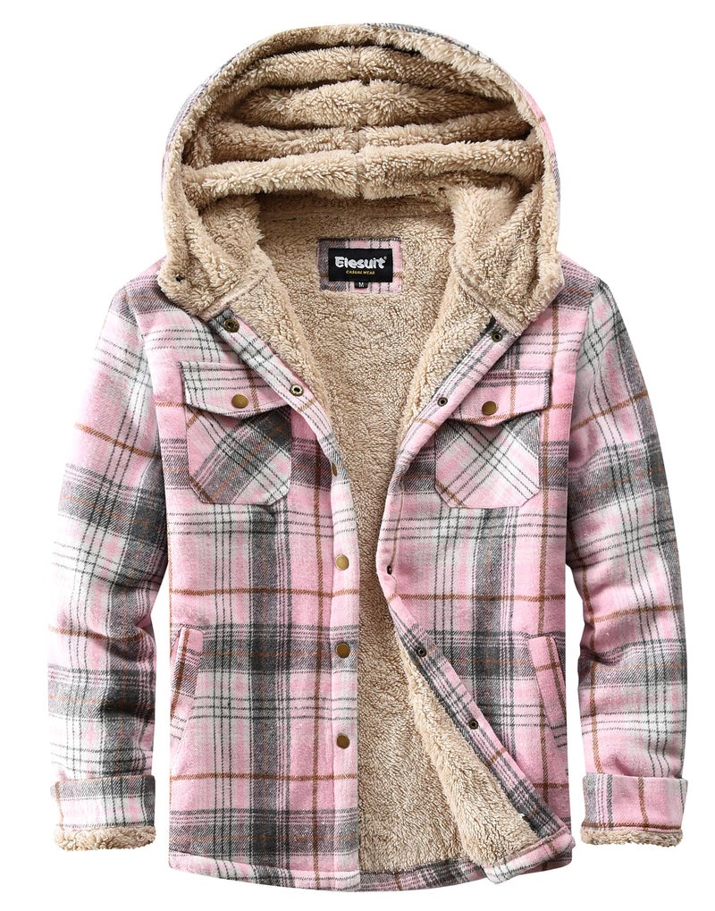 Elesuit Women's Flannel Plaid Hooded Jackets Button Down Sherpa Fleece Lined Hoodies Fashion Warm Coat Grey Pink X-Small - Image 1
