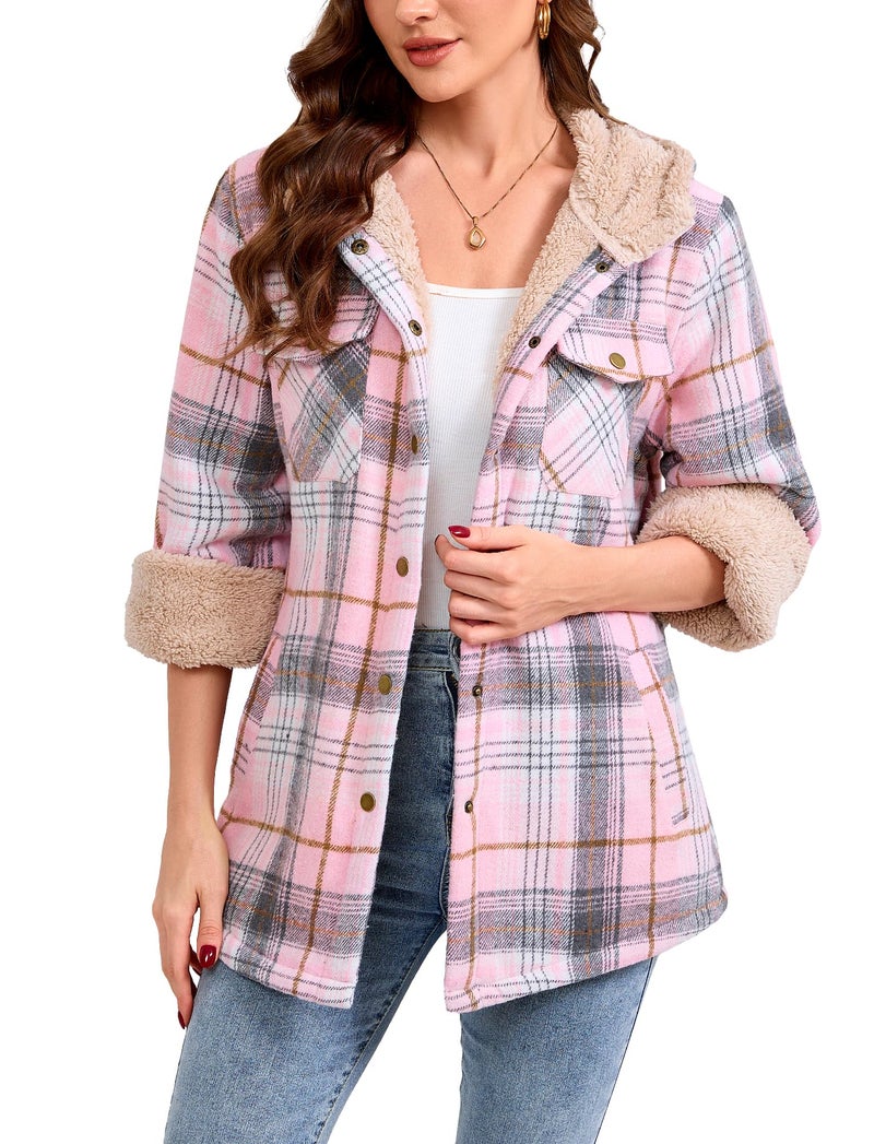 Elesuit Women's Flannel Plaid Hooded Jackets Button Down Sherpa Fleece Lined Hoodies Fashion Warm Coat Grey Pink X-Small - Image 2