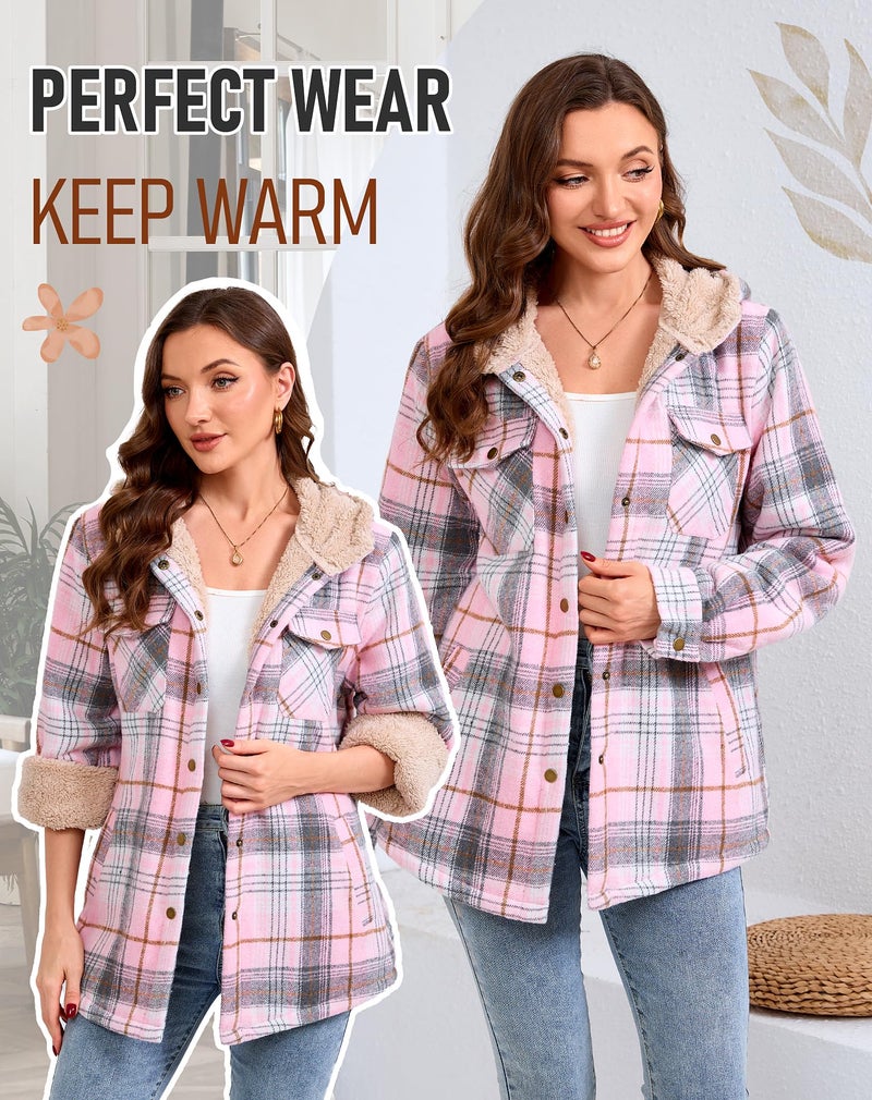 Elesuit Women's Flannel Plaid Hooded Jackets Button Down Sherpa Fleece Lined Hoodies Fashion Warm Coat Grey Pink X-Small - Image 5