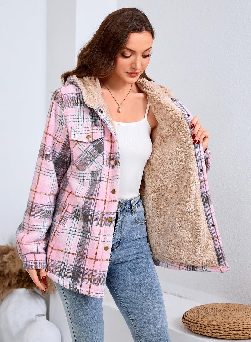 Elesuit Women's Flannel Plaid Hooded Jackets Button Down Sherpa Fleece Lined Hoodies Fashion Warm Coat Grey Pink X-Small - Image 3