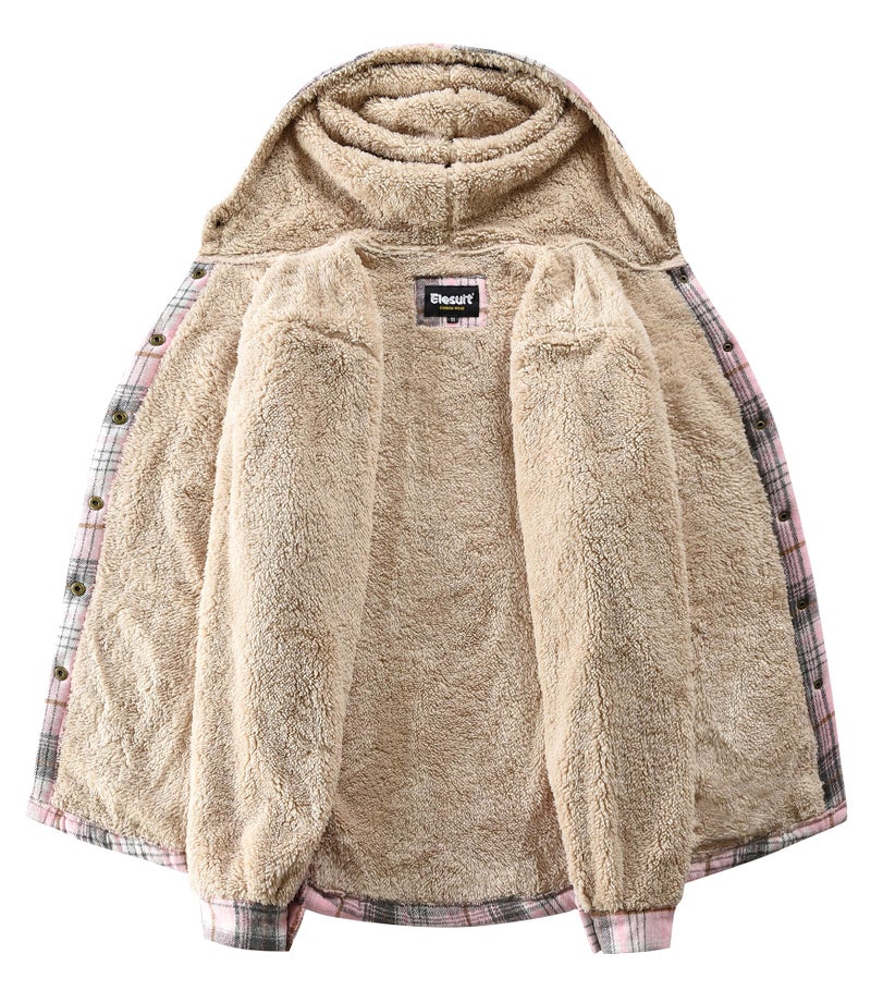 Elesuit Women's Flannel Plaid Hooded Jackets Button Down Sherpa Fleece Lined Hoodies Fashion Warm Coat Grey Pink X-Small - Image 4