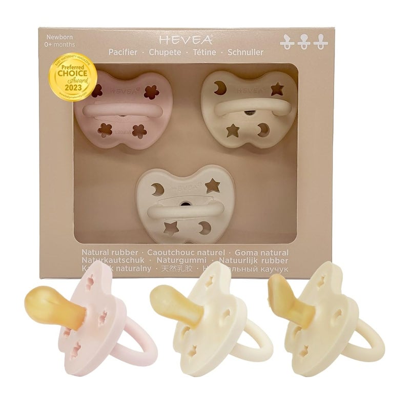 هيفيا HEVEA Trial Trio-Pack Baby Pacifiers in Natural Rubber - Pacifier Sampler Pack with Three Teat Mix for Newborns 0+ Months, The Baby Girl Mix - Image 1