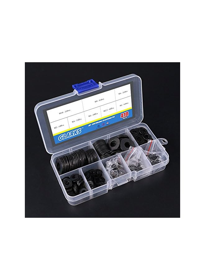 Glarks 410Pcs Metric M2 M2.5 M3 M4 M5 M6 M8 M10 Flat Washers Assortment Set, Black Zinc Plated Alloy - Image 4
