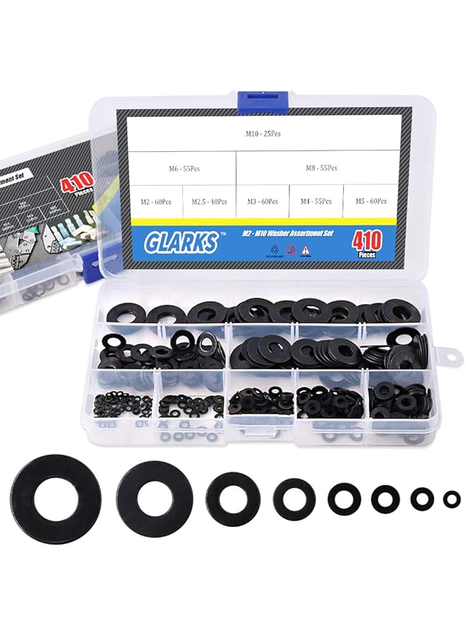 Glarks 410Pcs Metric M2 M2.5 M3 M4 M5 M6 M8 M10 Flat Washers Assortment Set, Black Zinc Plated Alloy - Image 1