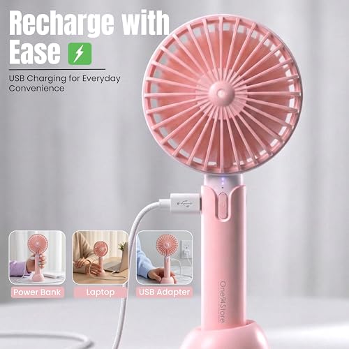 One94Store High Speed Portable USB Hand Fan, 4800 RPM, 1200mAh Rechargeable Battery, Up to 6H Runtime, 3 Speed Modes for Travel, Office & Makeup, Pink – Mini Fan, Hand Fan, Small Fan, USB Fan - Image 3