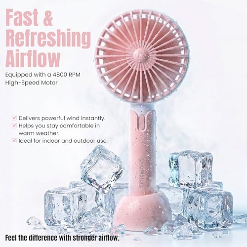 One94Store High Speed Portable USB Hand Fan, 4800 RPM, 1200mAh Rechargeable Battery, Up to 6H Runtime, 3 Speed Modes for Travel, Office & Makeup, Pink – Mini Fan, Hand Fan, Small Fan, USB Fan - Image 2