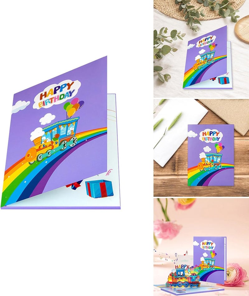 Musical 3D Popup Greeting Gifts Card Rainbow Train Message with Envelope LED Lighting Blessing Party Supplies Birthday Celebration - Image 2