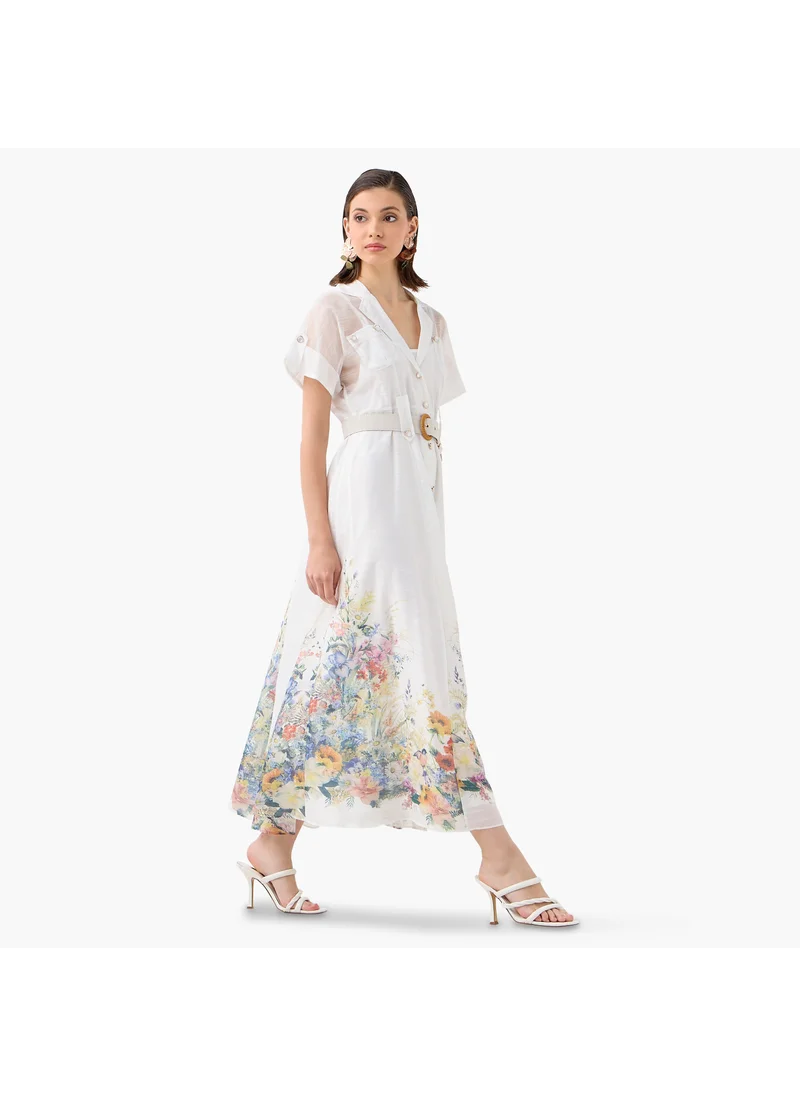 2Xtremz 2Xtremz Floral Print Maxi Dress with Lapel Collar and Short Sleeves