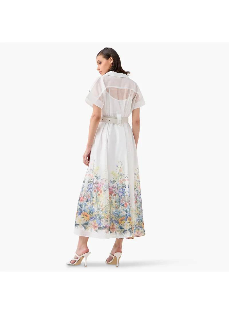 2Xtremz 2Xtremz Floral Print Maxi Dress with Lapel Collar and Short Sleeves