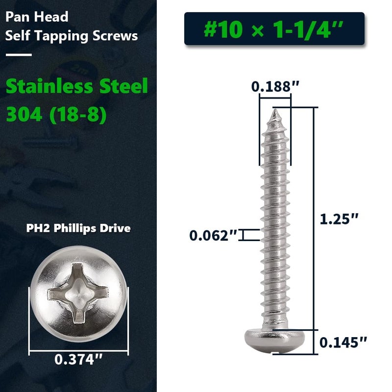 RoyceMart #10 x 1-1/4" (50 Pack) Stainless Steel Phillips Pan Head Wood Screws, Stainless Steel 304 (18-8), Pan Head Sheet Metal Screws Self Tapping for Wood - Image 2