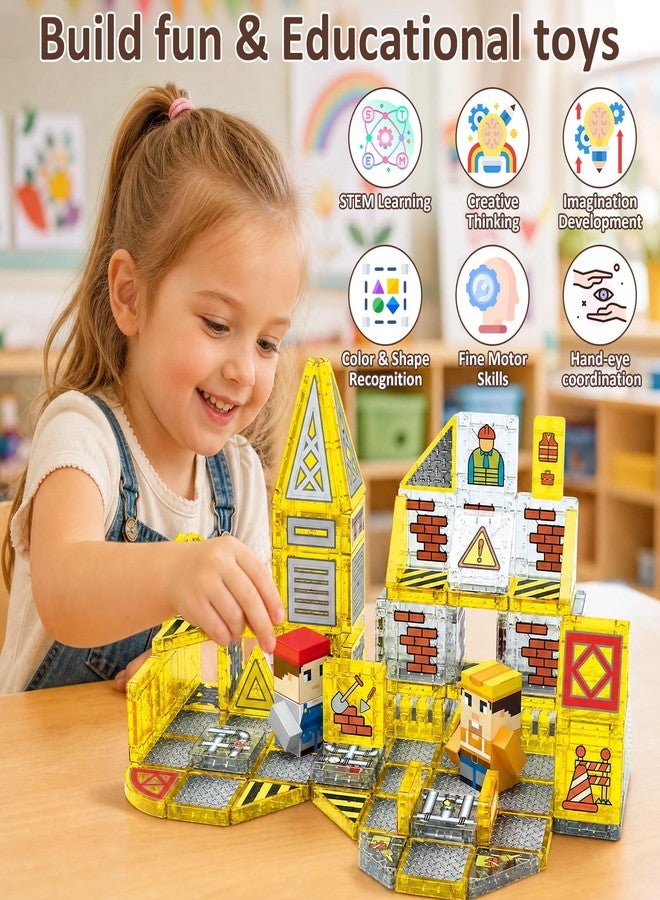 JIMI Mini Magnetic Tiles-Engineering Theme, 100pcs Magnet Building Tiles Travel Set, STEM Educational 3D Blocks with 2 Figures, Magnetic Construction Stacking Toy Gift for Boys Girls Ages 3+ - Image 2