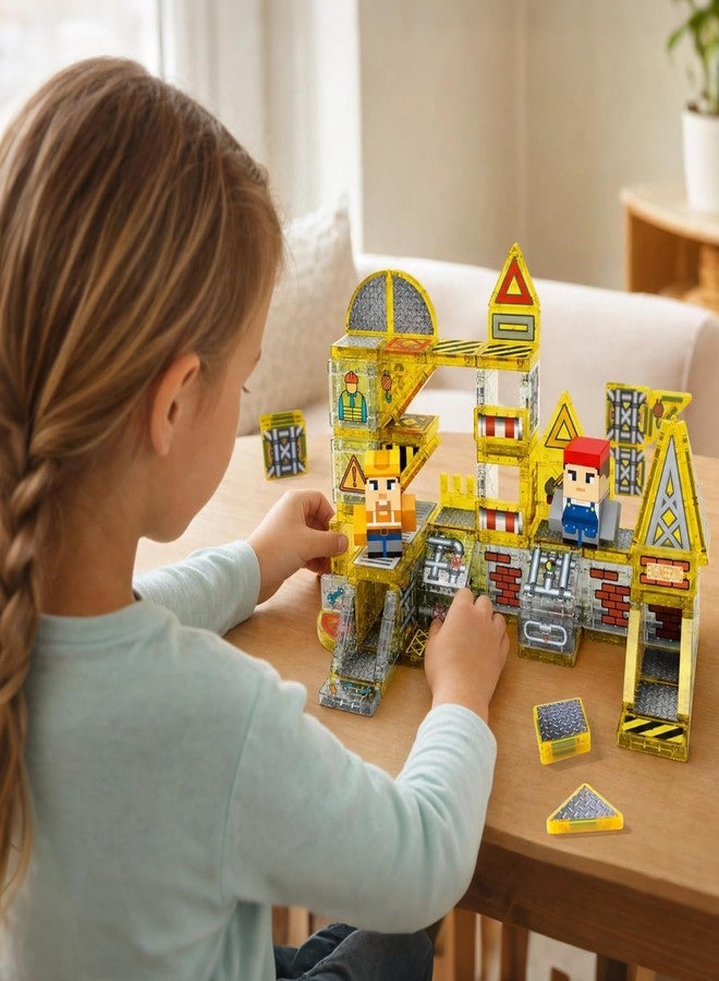 JIMI Mini Magnetic Tiles-Engineering Theme, 100pcs Magnet Building Tiles Travel Set, STEM Educational 3D Blocks with 2 Figures, Magnetic Construction Stacking Toy Gift for Boys Girls Ages 3+ - Image 4