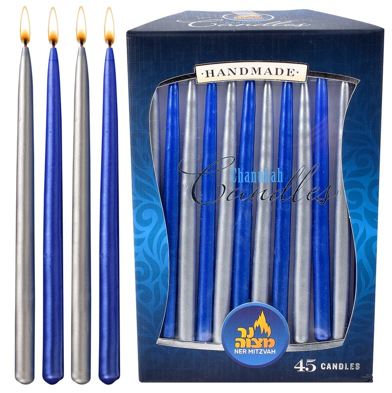 Ner Mitzvah Dripless Chanukah Candles, Metallic Blue & Silver Hanukkah Candles Fits Most Menorahs, Premium Quality Wax for All 8 Nights of Hanukkah - Standard Size - 45 Count - Image 1