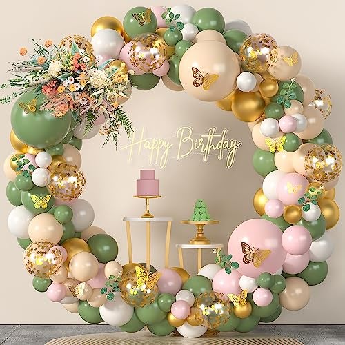Haptda Sage Green Pink Balloon Arch Kit 153Pcs Light Pink Olive Green Blush White Gold Latex Confetti Balloons Garland Artificial Eucalyptus 3D Butterfly for Baby Shower Birthday Party Decorations - Image 2