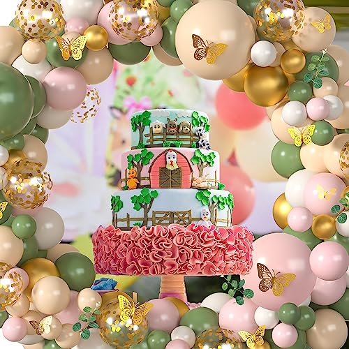 Haptda Sage Green Pink Balloon Arch Kit 153Pcs Light Pink Olive Green Blush White Gold Latex Confetti Balloons Garland Artificial Eucalyptus 3D Butterfly for Baby Shower Birthday Party Decorations - Image 5