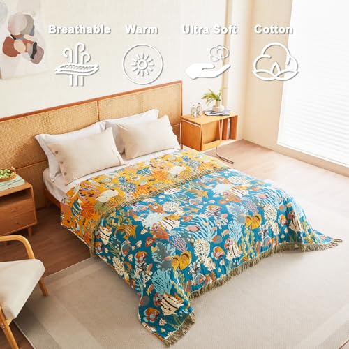 LUTBM Throw Blanket for Bed 100% Cotton Blankets for Bedroom Living Room Twin Size All Season Underwater Ocean Life Embroidery Quilt for Couch Sofa Coastal Home Decor 60"x80" - Image 4