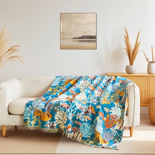 LUTBM Throw Blanket for Bed 100% Cotton Blankets for Bedroom Living Room Twin Size All Season Underwater Ocean Life Embroidery Quilt for Couch Sofa Coastal Home Decor 60"x80" - Image 2