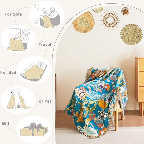 LUTBM Throw Blanket for Bed 100% Cotton Blankets for Bedroom Living Room Twin Size All Season Underwater Ocean Life Embroidery Quilt for Couch Sofa Coastal Home Decor 60"x80" - Image 3