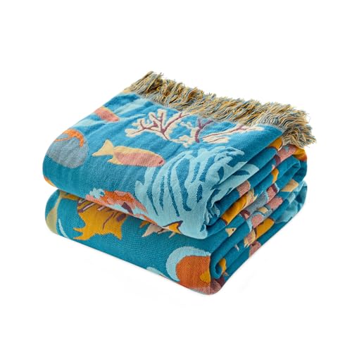 LUTBM Throw Blanket for Bed 100% Cotton Blankets for Bedroom Living Room Twin Size All Season Underwater Ocean Life Embroidery Quilt for Couch Sofa Coastal Home Decor 60"x80" - Image 1