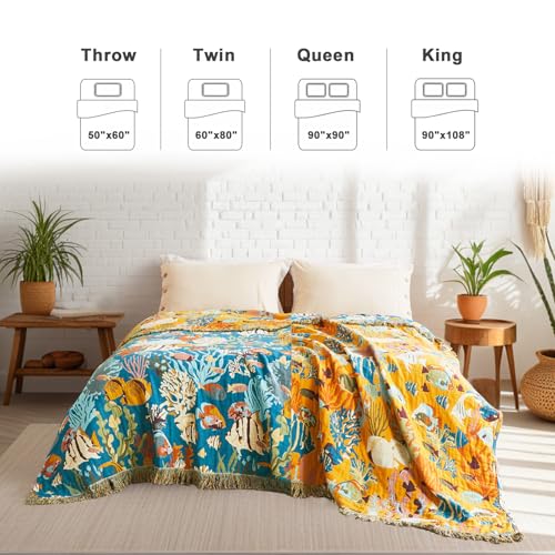 LUTBM Throw Blanket for Bed 100% Cotton Blankets for Bedroom Living Room Twin Size All Season Underwater Ocean Life Embroidery Quilt for Couch Sofa Coastal Home Decor 60"x80" - Image 5