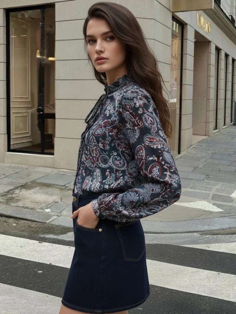 OUTZIDR Blue Printed  Full Sleeves Top With Button Details