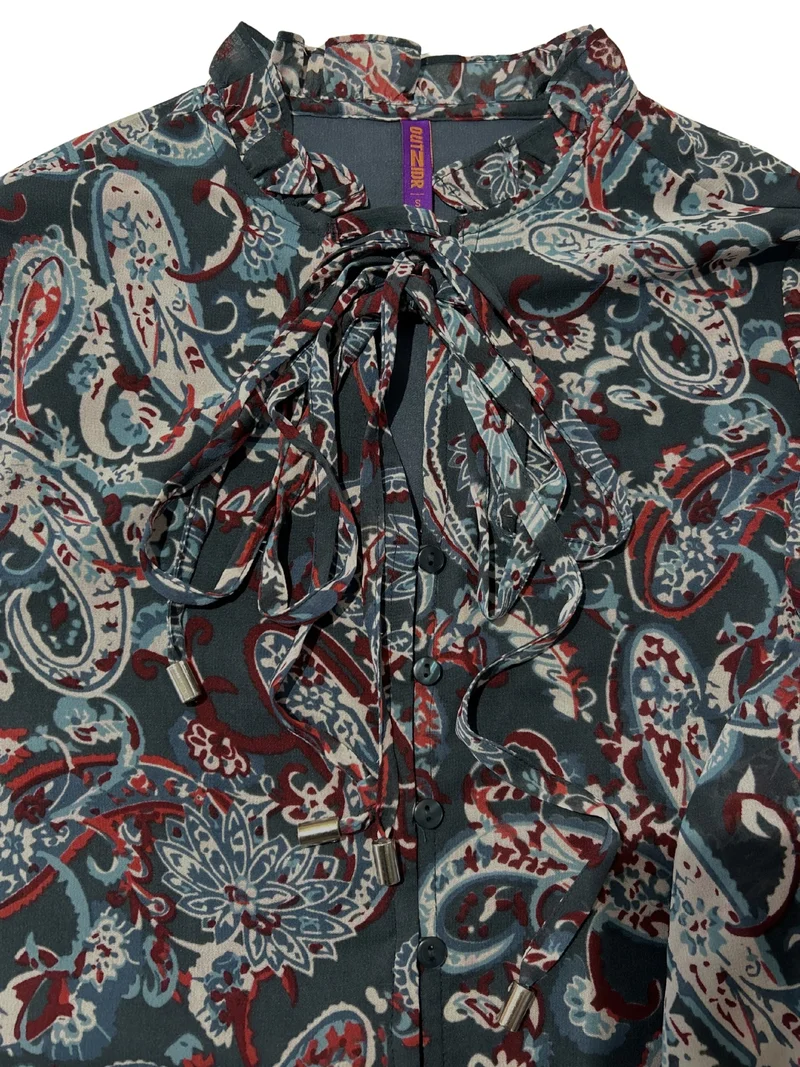 Outzidr  Blue Printed  Full Sleeves Top With Button Details  | Best Price UAE