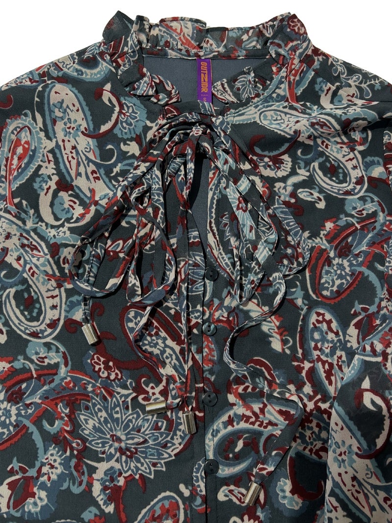 OUTZIDR Blue Printed  Full Sleeves Top With Button Details - Image 4
