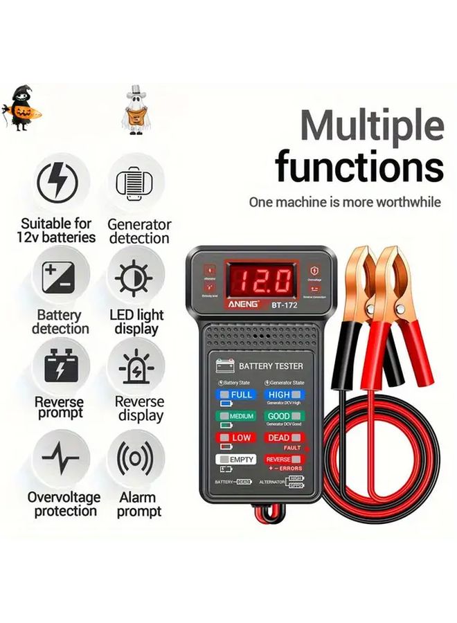 12V اختبار بطارية متعدد الوظائف بتصميم مشبك تمساح، إنذار عكسي، حماية من الحمل الزائد، شاشة LED، قطعة واحدة - Image 5
