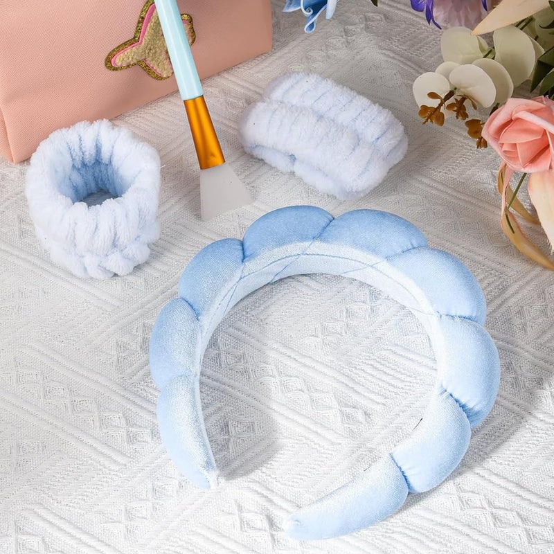 M'AYCREATE MAYCREATE® Spa Headband Wristband Combo for Women Girls Face Washing, Sunflower Sponge Facial Skincare Headband Makeup Hairband Coral Fleece Wrist Washband Set - Blue - Image 5