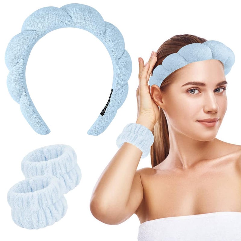 M'AYCREATE MAYCREATE® Spa Headband Wristband Combo for Women Girls Face Washing, Sunflower Sponge Facial Skincare Headband Makeup Hairband Coral Fleece Wrist Washband Set - Blue - Image 1