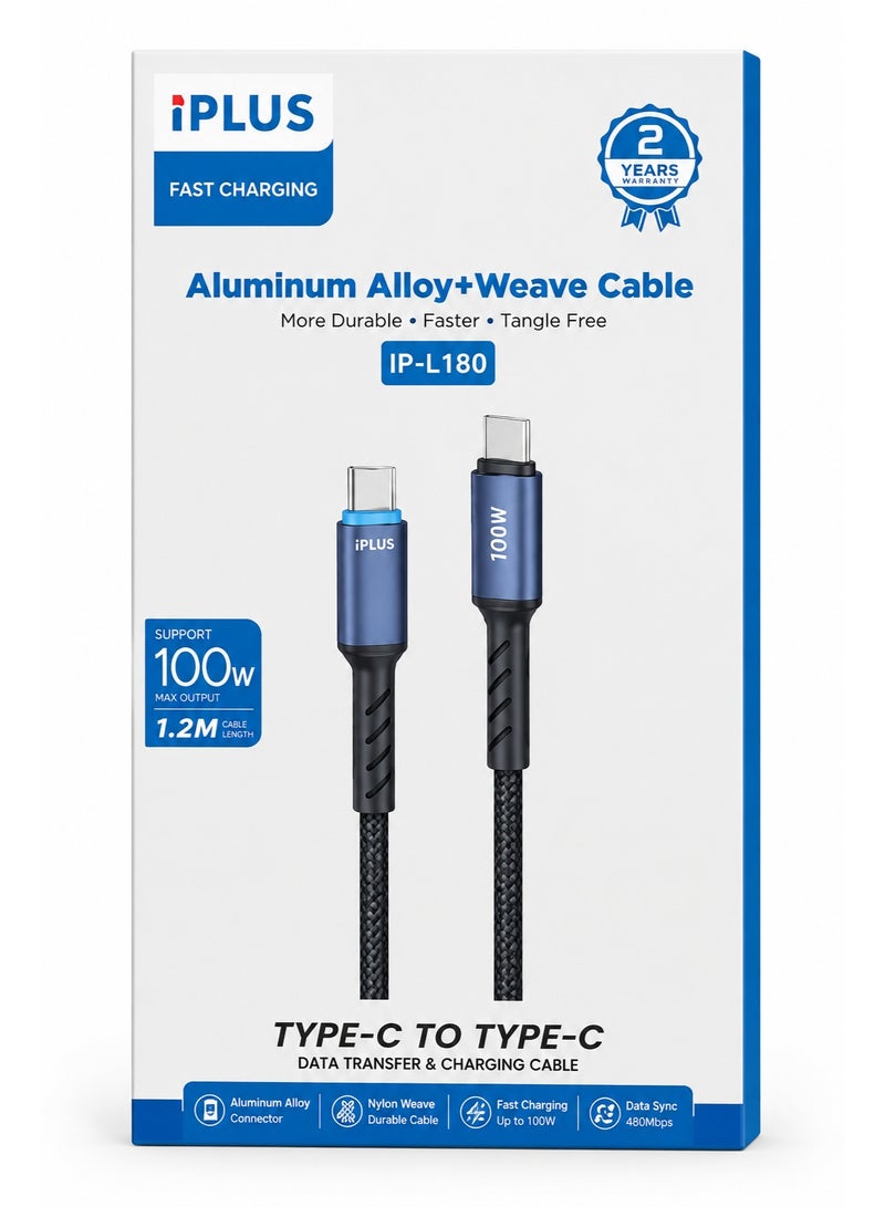 iP-L180 Type-C to Type-C Aluminum Alloy + Weave 1.2Meter 100W Fast Charge Cable