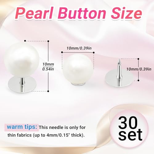 PIGORY 30 Sets Pearl Buttons No Sew Buttons for Clothes, 10mm Pearl Brooch Pins Reusable for Women, White Safety Pins for Dresses, Shirts, DIY Crafts, Fashion Decorative Accessories - Image 2