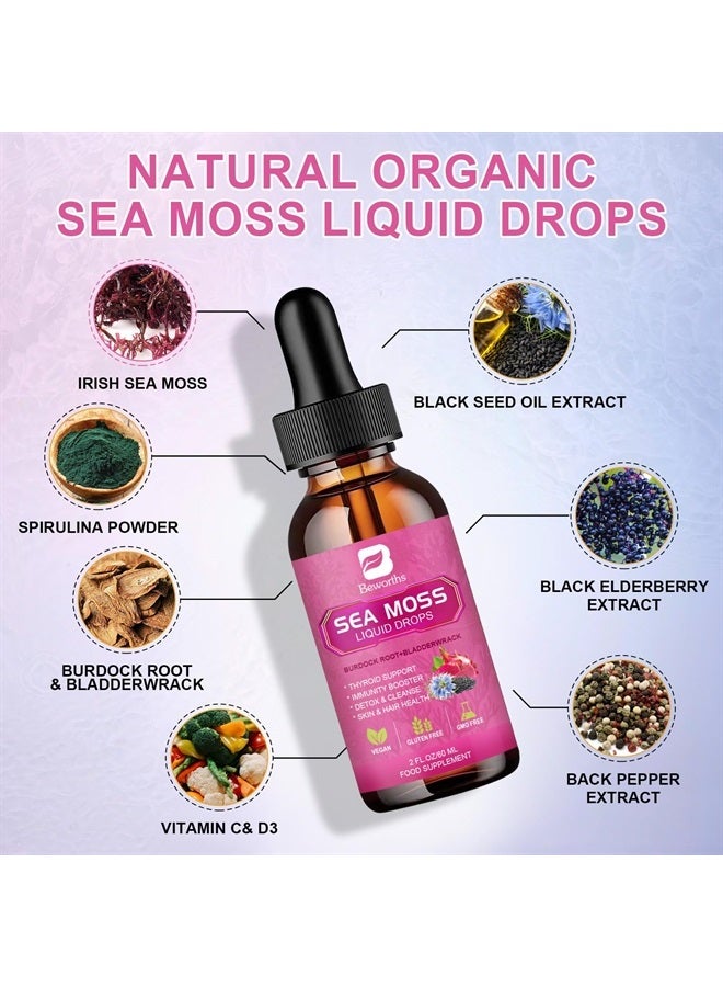 B BEWORTHS 3000mg Sea Moss Liquid Drops - Black Seed Oil & Irish Sea Moss Gel with Burdock Root Bladderwrack, Elderberry, 6X Stronger Qrganic Seamoss Raw for Immunity Booster, Joint & Thyroid, Digestive Health - Image 2