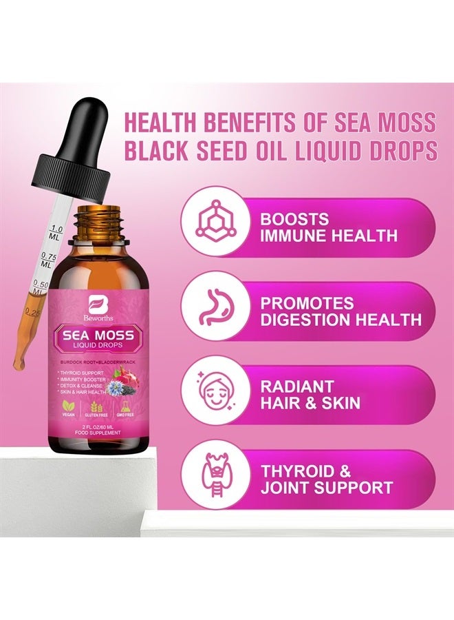 B BEWORTHS 3000mg Sea Moss Liquid Drops - Black Seed Oil & Irish Sea Moss Gel with Burdock Root Bladderwrack, Elderberry, 6X Stronger Qrganic Seamoss Raw for Immunity Booster, Joint & Thyroid, Digestive Health - Image 3