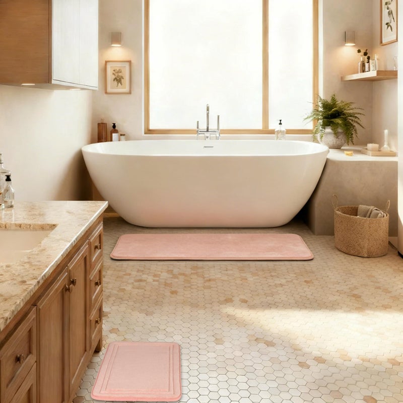 PAGGED Pink Bathroom Rug Set of 2 Memory Foam Bath Mat Runner Set Non Slip Washable Floor Mats Soft Absorbent Plush Microfiber Shower Tub Bathrug Blsh - Image 1