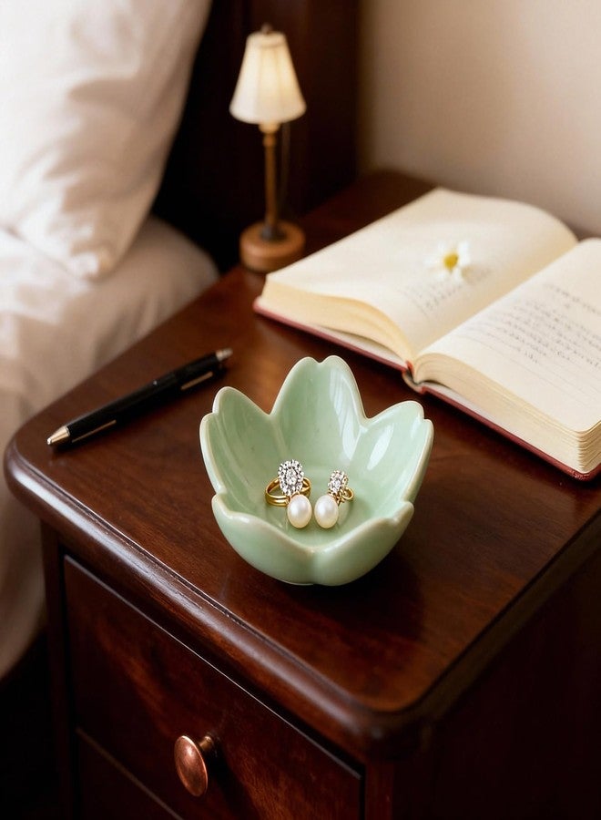 Samchilderlan Sage Green Flower Ring Dish Ceramic Jewelry Tray, Small Trinket Dish Ring Bowl Jewelry Holder Organizer for Vanity/Bathroom/Nightstand, Birthday/Xmas/Engagement Gift for Women/Best Friends/Bride - Image 3