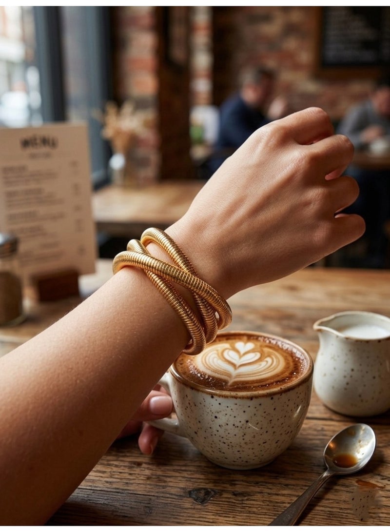 Julia Store 18K Gold Plated Stainless Steel Trendy Deluxe Best Seller Interlocking Stretch Stackable Chunky Bracelet Flexible Wide Wristband Bangles Bracelets Snake Chain Bracelet - Image 3