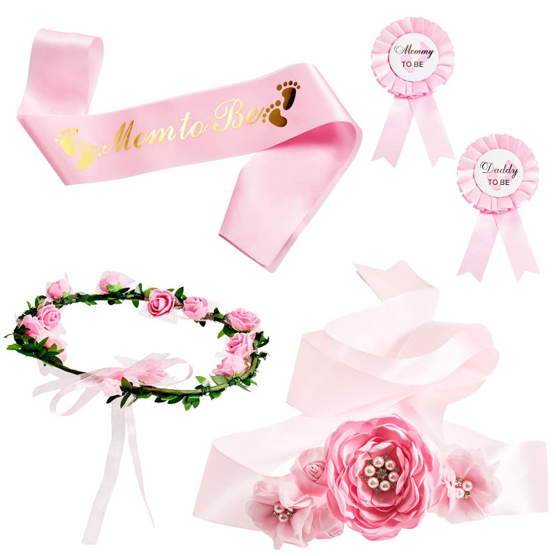 Xinnun 5 Pcs Baby Shower Maternity Sash Kit Shoulder Sash and Pin Daddy Corsages Flower Crown Pregnancy Sash Rose Wreath Headdress for Baby Shower Pregnancy Parents Prop Present Party FavorPink