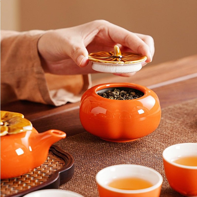 ZPGXLRZ Portable Gongfu Ceramic Tea Set - Beautiful Persimmon-Shaped Chinese Tea Set with Teapot, Tea Can & 2 Cups, Gift Boxed - Image 2