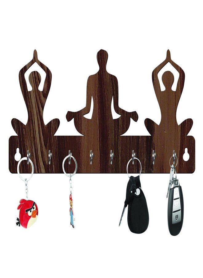 Freny Exim Relax Mind Yoga Mudra Wooden Key Holder with Face Mask Hanging with 8 Hook - Brown 039 - Image 1