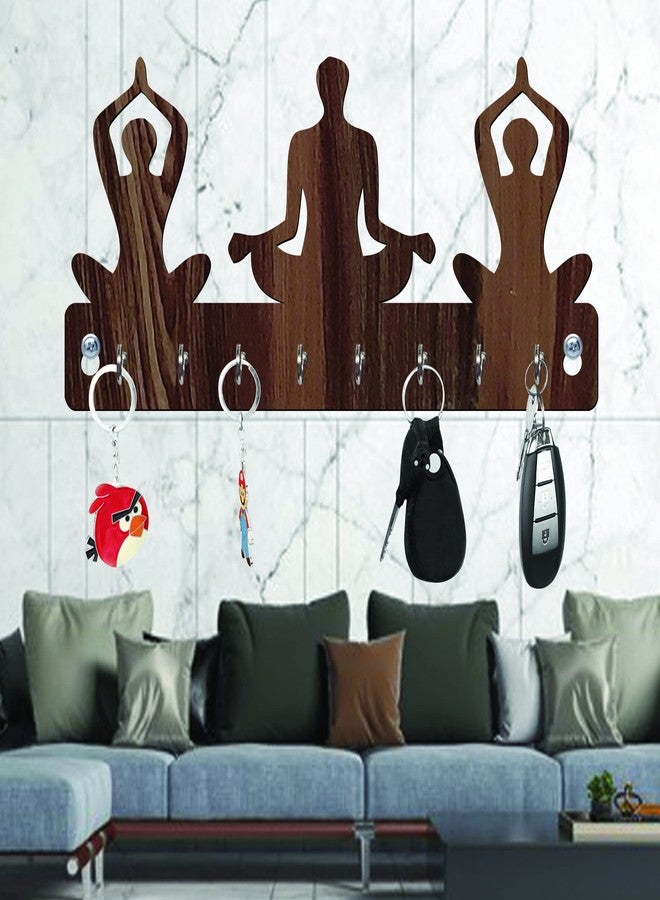 Freny Exim Relax Mind Yoga Mudra Wooden Key Holder with Face Mask Hanging with 8 Hook - Brown 039 - Image 2