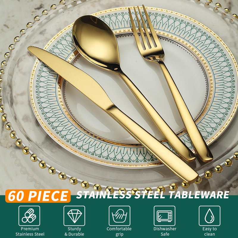 Berglander Gold Wedding Silverware Set 60pcs Service for 20, Titanium Plating Stainless Steel Flatware Set, Gold Spoons Forks Knives Set for Home, Wedding, Restaurant, Dishwasher Safe - Image 3