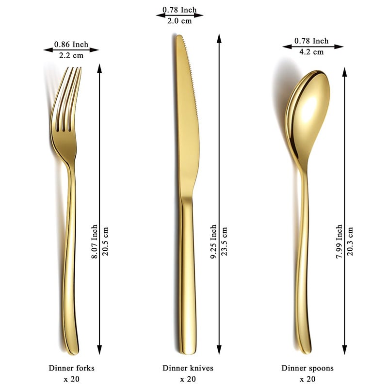 Berglander Gold Wedding Silverware Set 60pcs Service for 20, Titanium Plating Stainless Steel Flatware Set, Gold Spoons Forks Knives Set for Home, Wedding, Restaurant, Dishwasher Safe - Image 2