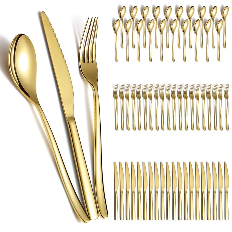 Berglander Gold Wedding Silverware Set 60pcs Service for 20, Titanium Plating Stainless Steel Flatware Set, Gold Spoons Forks Knives Set for Home, Wedding, Restaurant, Dishwasher Safe - Image 1