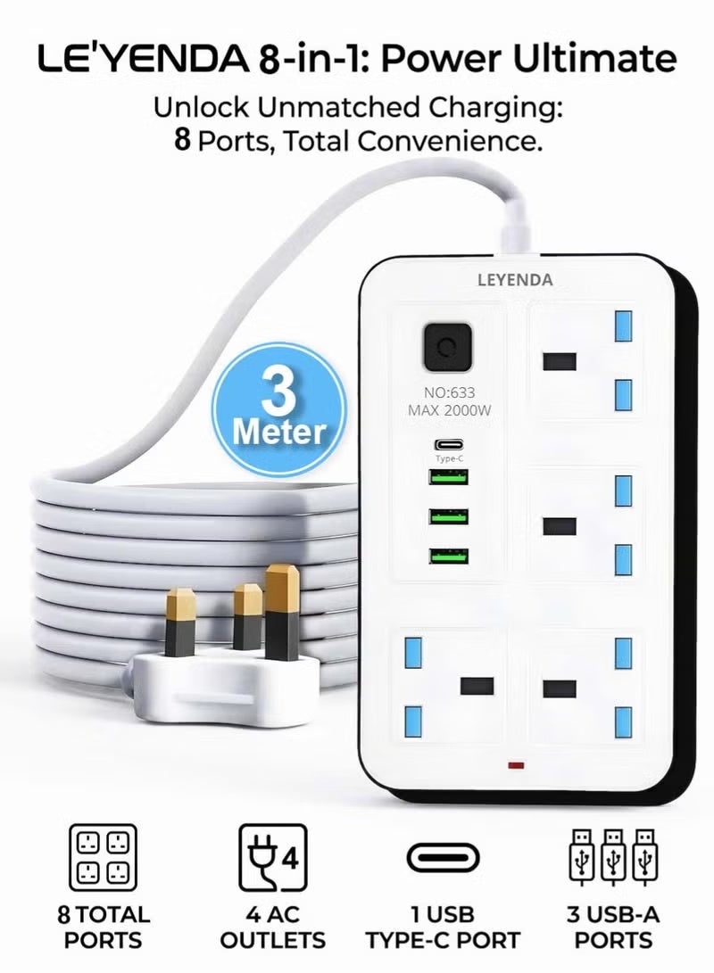 LE'YENDA 8-in-1 Power Strip Extension Socket with 4 UK Outlets, 1 USB-C, 3 USB-A Ports, 3M Cable - Image 1