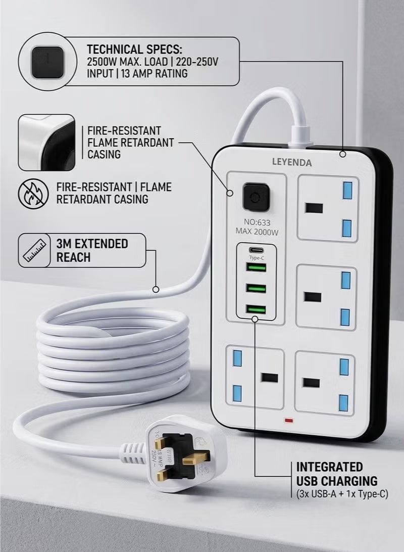 LE'YENDA 8-in-1 Power Strip Extension Socket with 4 UK Outlets, 1 USB-C, 3 USB-A Ports, 3M Cable - Image 4