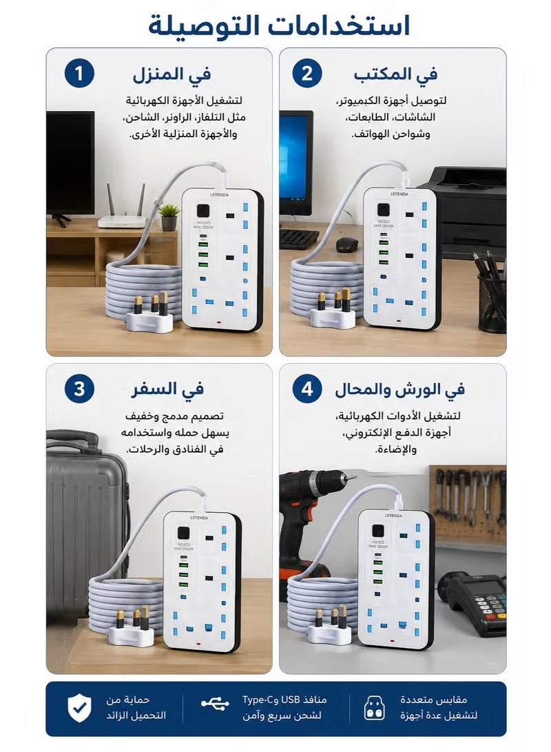 LE'YENDA 8-in-1 Power Strip Extension Socket with 4 UK Outlets, 1 USB-C, 3 USB-A Ports, 3M Cable - Image 2