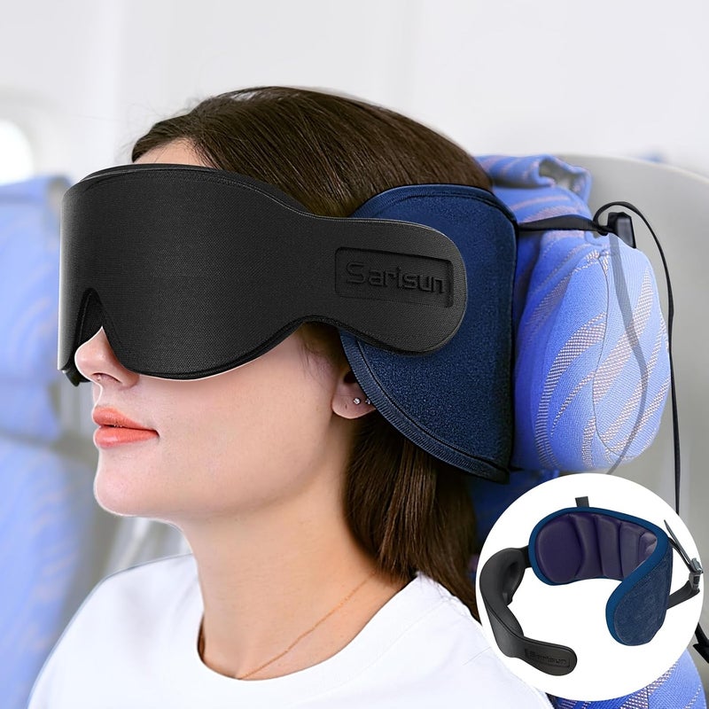 SARISUN Travel Pillows for Airplanes, Airplane Pillow with 3D Eye Mask for Sleeping, 360° Support Head Strap for Long Flights, Car, Road Trip Car Headrest, Travel Essentials Stop Bobblehead, Purple - Image 1
