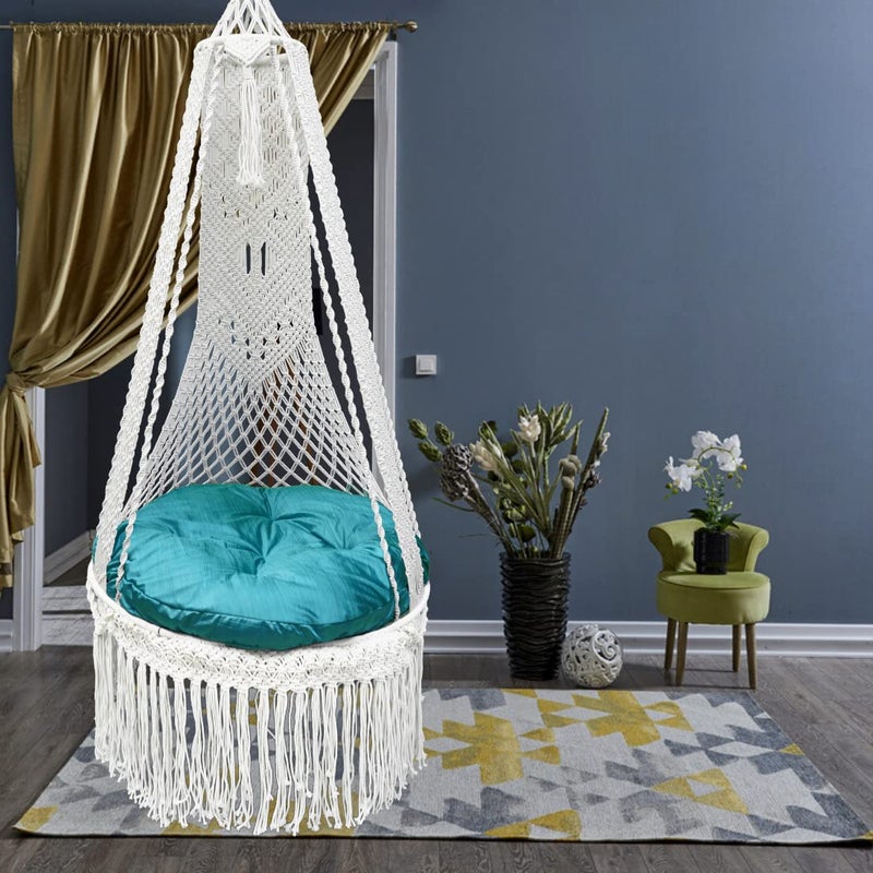 Patiofy Bohemian Handmade Macrame Jhula for Adults with Large Blue Cushion by Patiofy 