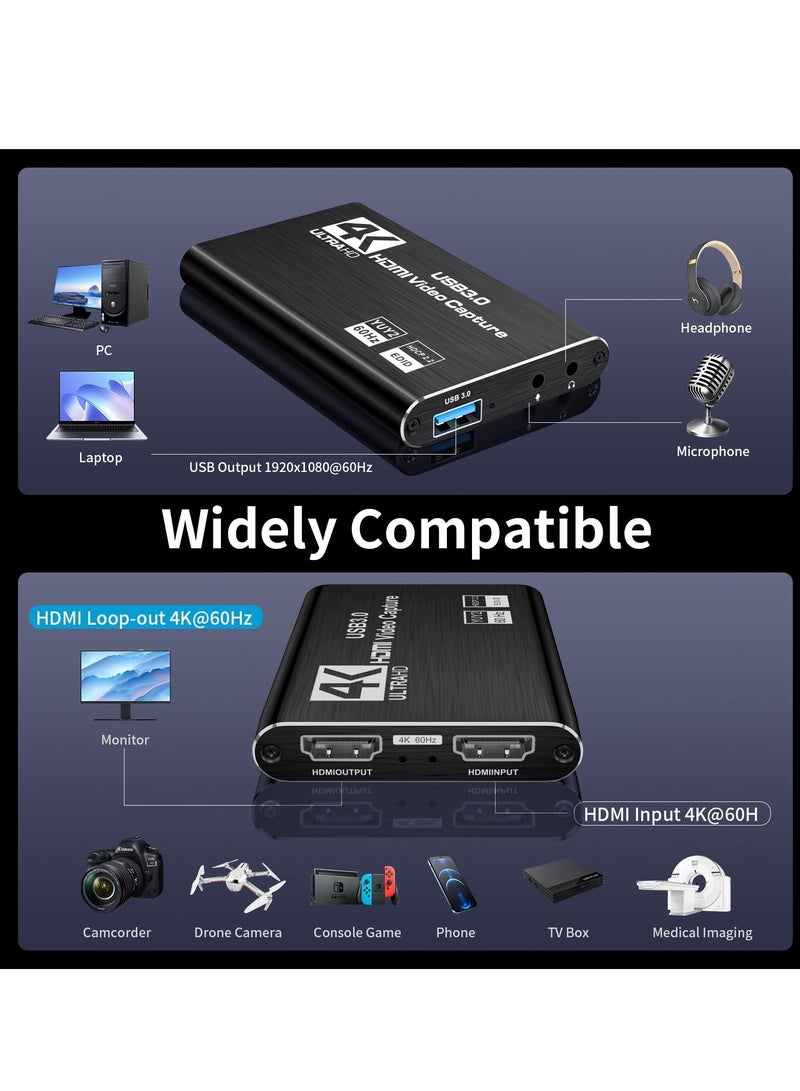 High-Performance Video Capture Card | USB 3.0, 4K HDMI Loop-Out | Full HD 1080P 60FPS, 2K 30FPS | Ideal for Streaming on PS5, Switch, Camera, PC, OBS | Durable & Compact - Black - Image 2
